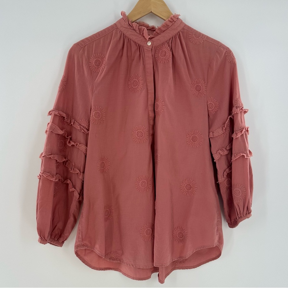 Anthropologie Isabella Sinclair Sunflower Embroidered Henley Top Rose Pink Small